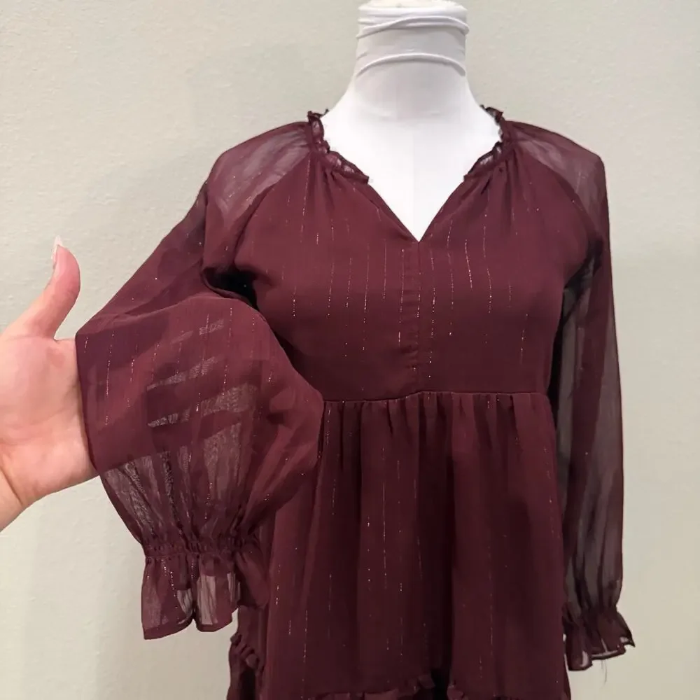 Old Navy Burgundy Long Sleeve Tiered Swing Dress Girls XL Boho Tiered Shimmer